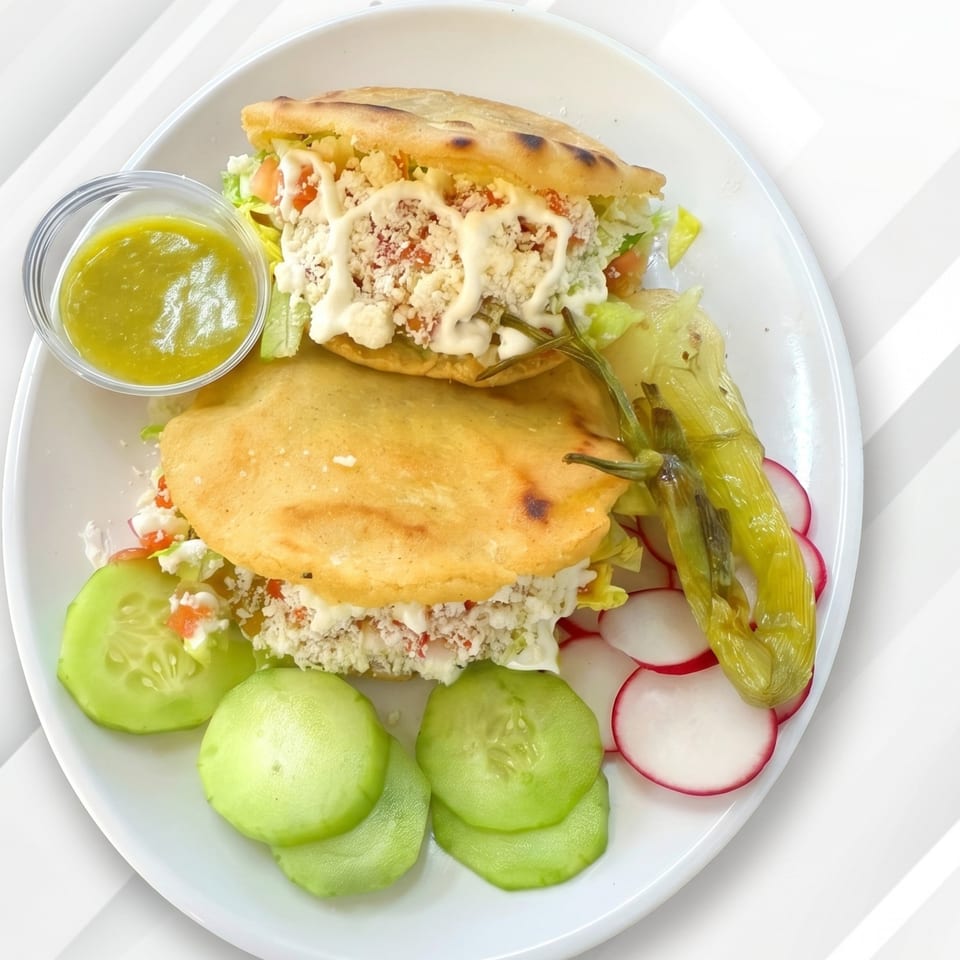Two stuffed gorditas with lettuce, cheese, and crema, served with green salsa, cucumbers, radishes, and a pepper.
