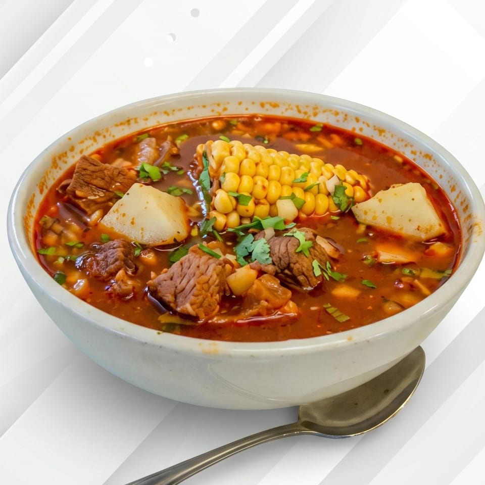 Hearty beef stew with corn on the cob, potatoes, and cilantro in a white bowl with a spoon.