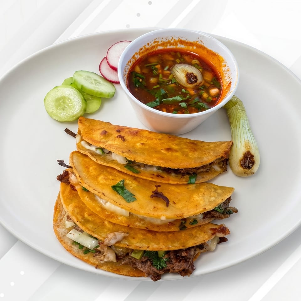 Four birria tacos with melted cheese, a side of consommé, sliced cucumbers, radishes, and a grilled green onion.