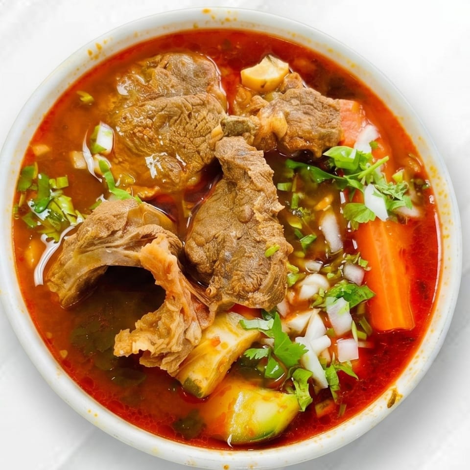 Hearty beef soup with vegetables, cilantro, and onions in a white bowl.