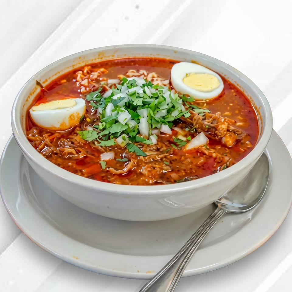 Hearty red soup with meat, topped with chopped onions, cilantro, and two hard-boiled egg halves.
