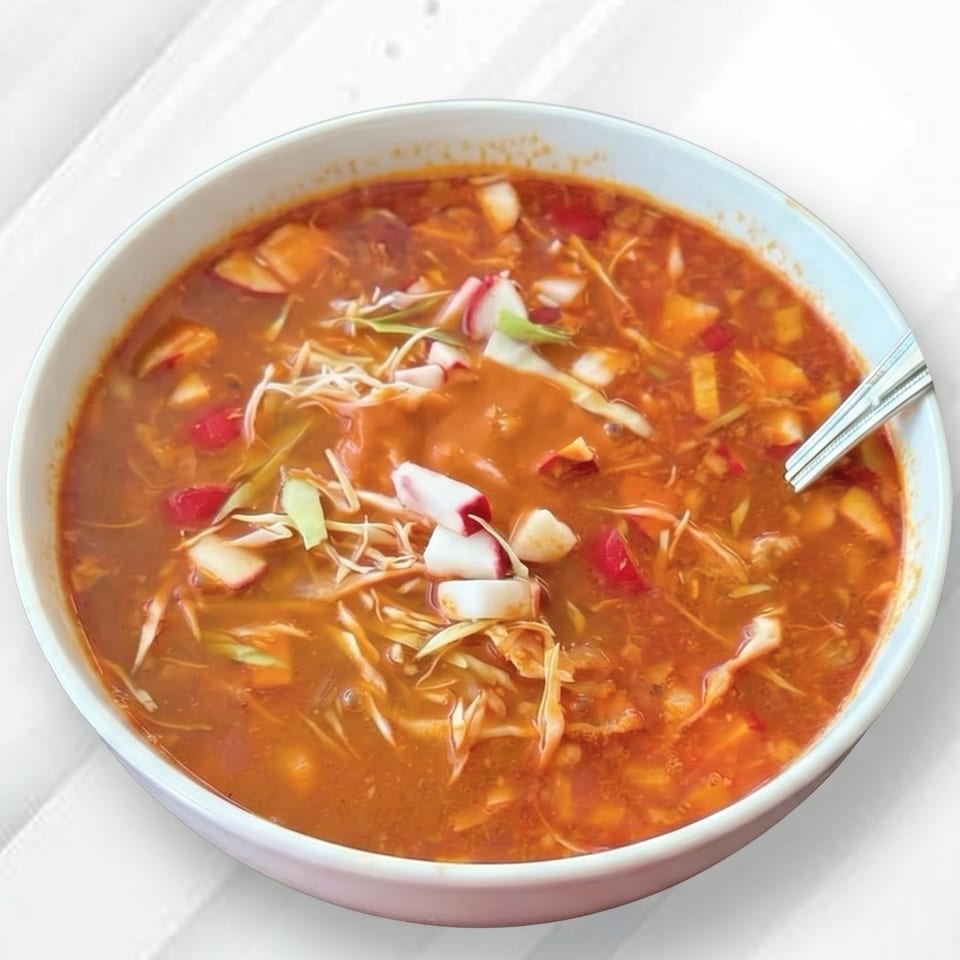 Close-up of a bowl of red soup with shredded cabbage, red peppers, and a spoon.
