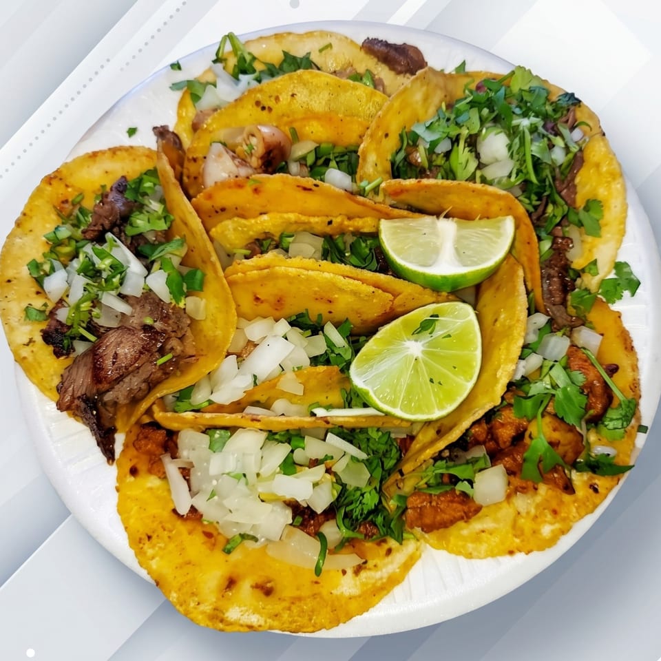 A plate of delicious tacos with meat, onions, cilantro, and lime wedges.